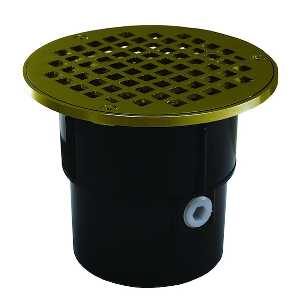 Jones Stephens 3in. x 4in. ABS Pipe Fit Drain Base with 3-1/2in. Metal Spud and 6in. Polished Brass Strainer D53037 - main